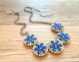 Royal Blue Crystal Rhinestone Pendant Necklace on Silver Chain