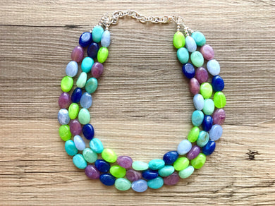 Mermaid Peacock Chunky Statement Necklace, Triple Strand Beaded Jewelry, Purple Blue Green jewelry, bridesmaid wedding bib resin