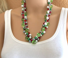 Load image into Gallery viewer, Christmas necklace Red Silver Green and BLING! Holiday Jewelry, Christmas Jewelry, Red Green Jewelry, Gift Christmas Present wreath