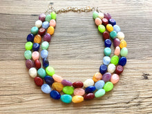 Load image into Gallery viewer, Triple Rainbow Beaded Necklace, Colorful Jewelry, Chunky statement necklace, big beaded necklace, rainbow jewelry, rainbow fall confetti