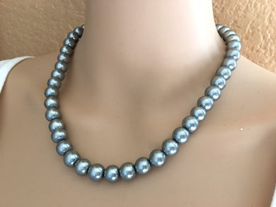 Gray Pearl Big Bead Necklace, single Strand Statement Jewelry, gray Chunky bib, bridesmaid necklace, gray jewelry, beaded necklace