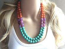 Load image into Gallery viewer, Orange purple turquoise Chunky Statement Necklace, Big beaded jewelry, double Strand Statement Necklace, Bib necklace, bridesmaid wedding