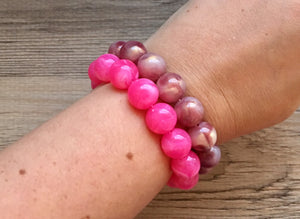 Pink & Purple 2 stretch bracelets, beaded jewelry, bead stretchy bracelet, rainbow friendship arm candy stacking hot dark pink