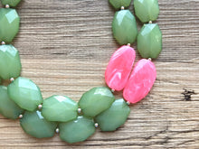 Load image into Gallery viewer, Cucumber Pink Statement Necklace, Multi-Strand, Double Layer Chunky Jewelry, pink green jewelry, beaded necklace, green necklace, Green pink