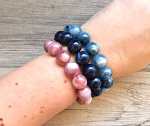 Load image into Gallery viewer, Navy Blue Purple 3 stretch bracelets, beaded jewelry, bead stretchy bracelet, rainbow friendship arm candy stacking navy purple