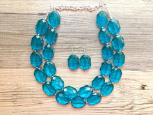 Load image into Gallery viewer, Teal Big Beaded Statement Necklace, beaded jewelry, blue jewelry, teal beaded necklace, turquoise jewelry, blue necklace, chunky beaded bib