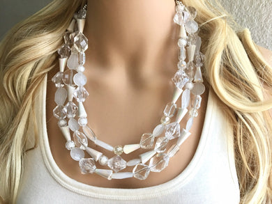 White Clear Triple Strand statement necklace, big beaded necklace, chunky jewelry, white necklace, clear resin necklace, multi-strand