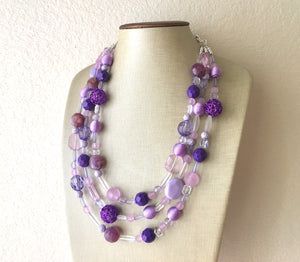 Purple Chunky Statement Necklace, Triple Strand Beaded Jewelry, lilac lavendar eggplant jewelry bridesmaid wedding wedding periwinkle