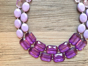 Purple Chunky Statement Necklace, Double Strand Beaded Jewelry, lilac lavendar eggplant jewelry bridesmaid bib wedding periwinkle