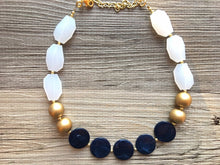 Load image into Gallery viewer, Nautical Chunky Statement Necklace, Big beaded jewelry, Single Strand Statement Necklace, navy blue an white, gold navy necklace, white gold