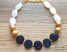 Load image into Gallery viewer, Nautical Chunky Statement Necklace, Big beaded jewelry, Single Strand Statement Necklace, navy blue an white, gold navy necklace, white gold