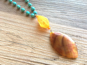 Earthy olive & orange pink AGATE Pendant Chunky Statement Necklace jewlery, Beaded turquoise statement oval pendant chunky bib blue