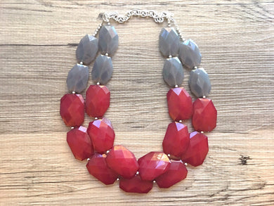 Fall Statement Necklace, Maroon & Gray Necklace, Multi Strand Statement Necklace, fall colors necklace, chunky bib red and gray