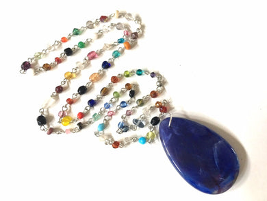 Royal Blue Swirl Pendant Necklace in Rainbow glass beaded chain, Long acrylic teardrop jewelry, ash white necklace, jewelry pride colorful