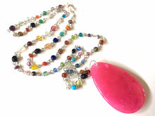 Load image into Gallery viewer, Pink Pendant Necklace in Rainbow glass beaded chain, Long acrylic teardrop jewelry, ash white necklace, hot pink jewelry pride colorful