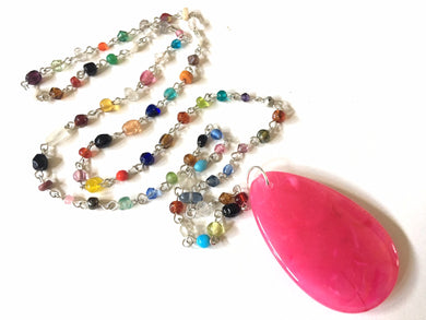 Pink Pendant Necklace in Rainbow glass beaded chain, Long acrylic teardrop jewelry, ash white necklace, hot pink jewelry pride colorful