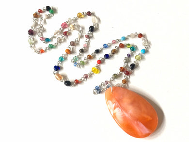 Creamsicle Pendant Necklace in Rainbow glass beaded chain, Long acrylic teardrop jewelry, ash white necklace, orange jewelry pride colorful