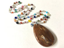 Load image into Gallery viewer, Hot cocoa Pendant Necklace in Rainbow glass beaded chain, Long acrylic teardrop jewelry, brown white necklace jewelry pride colorful