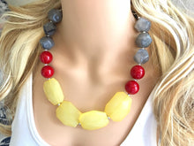 Load image into Gallery viewer, Statement Necklace, Gray Skies Maroon Yellow, Single Strand Statement Necklace, fall colors, yellow necklace, gray necklace burgundy