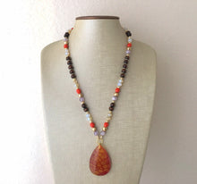 Load image into Gallery viewer, Earthy neutrals &amp; red AGATE Pendant Chunky Statement Necklace jewlery, Beaded wood teardrop gold pendant chunky bib yellow marigold