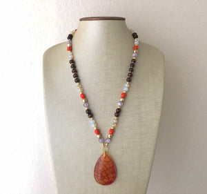 Earthy neutrals & red AGATE Pendant Chunky Statement Necklace jewlery, Beaded wood teardrop gold pendant chunky bib yellow marigold