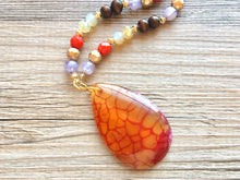 Load image into Gallery viewer, Earthy neutrals &amp; red AGATE Pendant Chunky Statement Necklace jewlery, Beaded wood teardrop gold pendant chunky bib yellow marigold