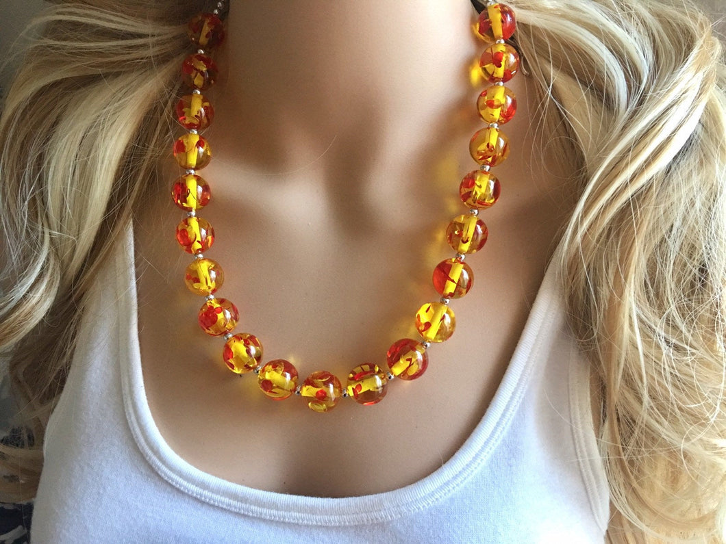 Firey Marigold Chunky Statement Necklace, Big beaded jewelry, red orange Statement Necklace, Bib necklace, yellow bridesmaid wedding