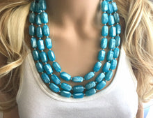 Load image into Gallery viewer, Glacier blue triple strand chunky jewelry, beaded blue jewelry, dark blue thick necklace, teal turquoise necklace, blue bib necklace