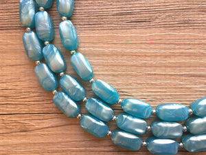 Glacier blue triple strand chunky jewelry, beaded blue jewelry, dark blue thick necklace, teal turquoise necklace, blue bib necklace