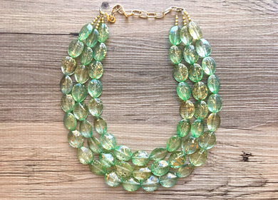 Gold & green painted chunky statement necklace, big beaded jewelry, gifts for women, bib Multi-Strand necklace gold beaded three strand