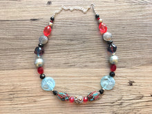 Load image into Gallery viewer, Robin&#39;s Egg blue single strand chunky jewelry, red and blue jewelry, handmade beaded statement necklace, silver black gray necklace