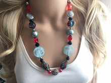 Load image into Gallery viewer, Robin&#39;s Egg blue single strand chunky jewelry, red and blue jewelry, handmade beaded statement necklace, silver black gray necklace