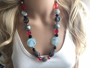 Robin's Egg blue single strand chunky jewelry, red and blue jewelry, handmade beaded statement necklace, silver black gray necklace