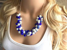 Load image into Gallery viewer, Royal Blue and White Pearl Cluster Necklace / Game Day or Bridesmaid Jewelry, white and blue sport team jewelry