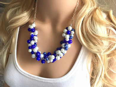 Royal Blue and White Pearl Cluster Necklace / Game Day or Bridesmaid Jewelry, white and blue sport team jewelry