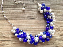 Load image into Gallery viewer, Royal Blue and White Pearl Cluster Necklace / Game Day or Bridesmaid Jewelry, white and blue sport team jewelry