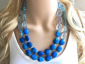 Big Bead light Blue & royal blue Necklace - Double Strand Statement Jewelry, Chunky bib bridesmaid or everyday bubble jewelry