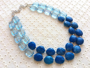 Big Bead light Blue & royal blue Necklace - Double Strand Statement Jewelry, Chunky bib bridesmaid or everyday bubble jewelry