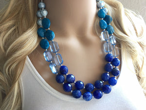 Big Bead light Blue & royal blue Necklace - Double Strand Statement Jewelry, Chunky bib bridesmaid or everyday bubble jewelry