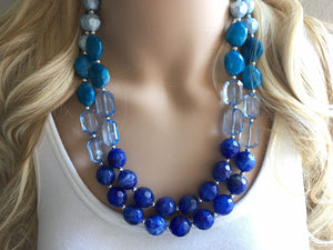 Big Bead light Blue & royal blue Necklace - Double Strand Statement Jewelry, Chunky bib bridesmaid or everyday bubble jewelry