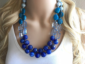 Big Bead light Blue & royal blue Necklace - Double Strand Statement Jewelry, Chunky bib bridesmaid or everyday bubble jewelry