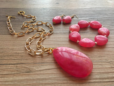 Dark Pink Pendant Necklace Earrings Bracelet, Your Choice Gold OR Silver Chain, You choose length, Long jewelry, hot pink necklace jewelry