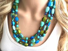 Load image into Gallery viewer, Blue &amp; Green Mermaid Peacock Chunky Statement Necklace, Triple Strand Beaded Jewelry, Blue Green jewelry, bridesmaid wedding bib resin