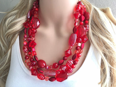Red Necklace, multi strand jewelry, big beaded chunky statement necklace, red jewelry, bridesmaid necklace, bib necklace glass crystals