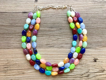 Load image into Gallery viewer, Triple Rainbow Beaded Necklace, Colorful Jewelry, Chunky statement necklace, big beaded necklace, rainbow jewelry, rainbow fall confetti