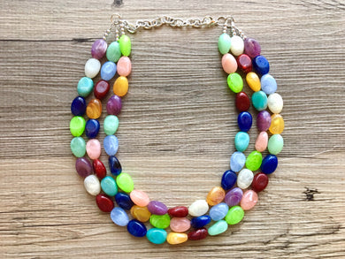 Triple Rainbow Beaded Necklace, Colorful Jewelry, Chunky statement necklace, big beaded necklace, rainbow jewelry, rainbow fall confetti