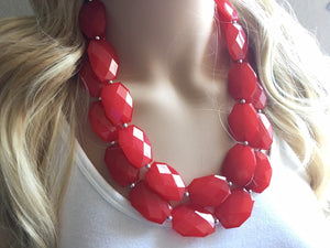 Cherry Red Necklace - Double strand bright red jewelry - big beaded chunky  statement necklace