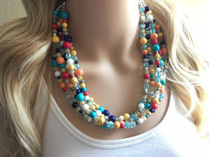 Multi-Color RAINBOW & Silver Beaded Becklace, Bright Colorful Statement Necklace, Chunky Beaded Necklace, Colorful jewelry set, earrings