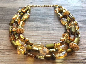 Gold & Olive 3 Strand statement necklace, big beaded necklace, chunky jewelry, green necklace, gold necklace, multi-strand bib jewelry