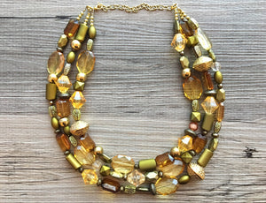 Gold & Olive 3 Strand statement necklace, big beaded necklace, chunky jewelry, green necklace, gold necklace, multi-strand bib jewelry